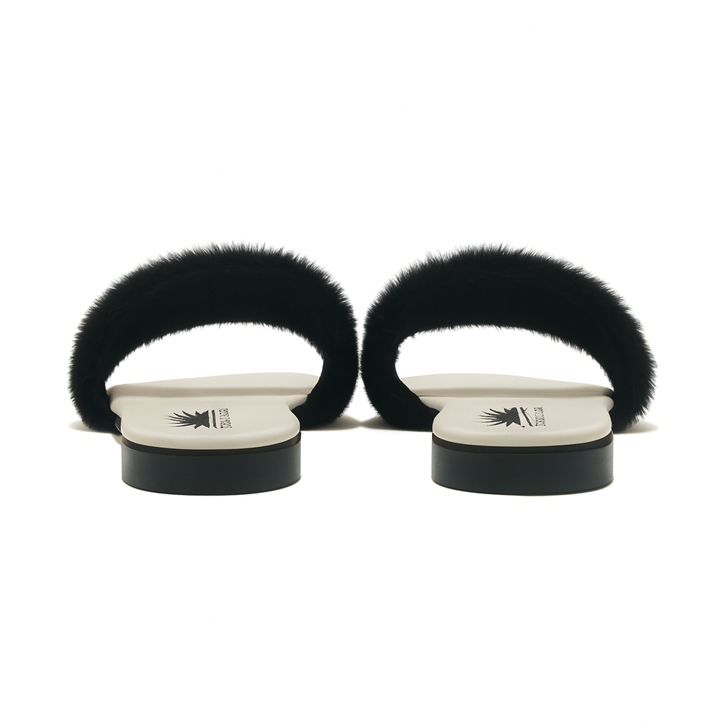 Black Fur Slide Sandals with Pearl Detail