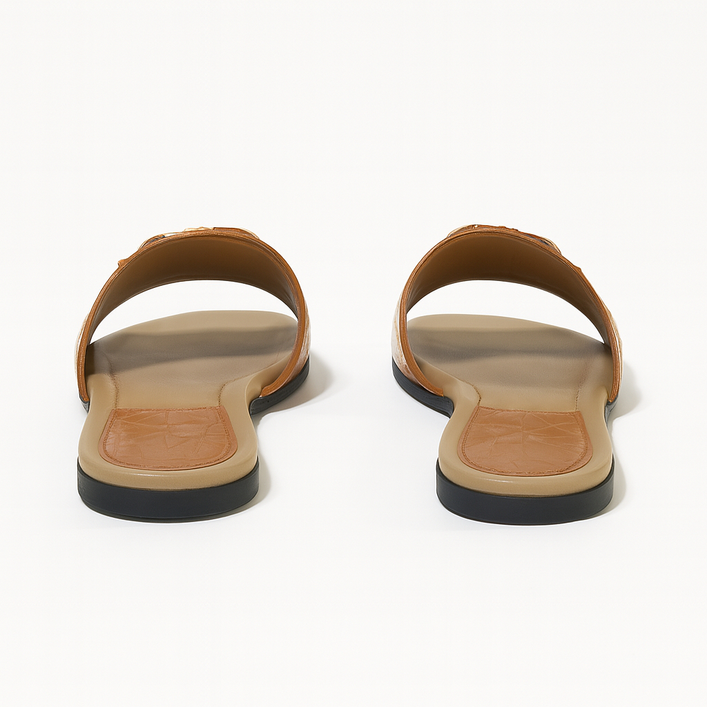 Brown Glossy Slide Sandals with Gold Buckle Detail