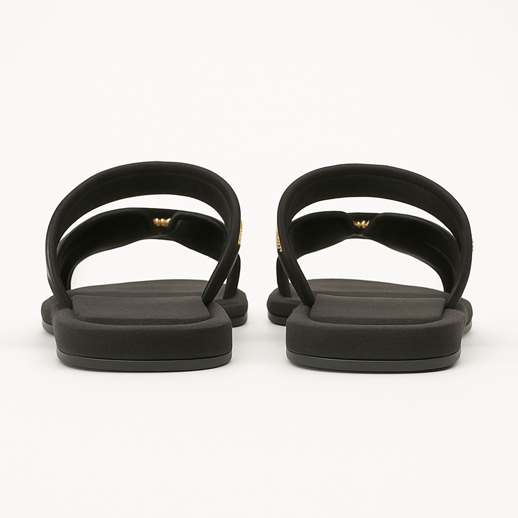 Black Padded Slide Sandals with Gold Chain Detail