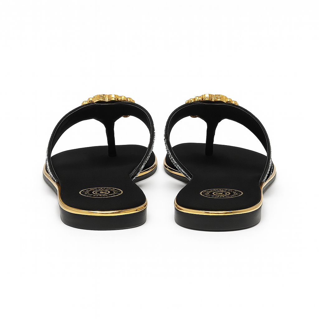 Black Rhinestone Slip On Sandals with Gold Circle Detail