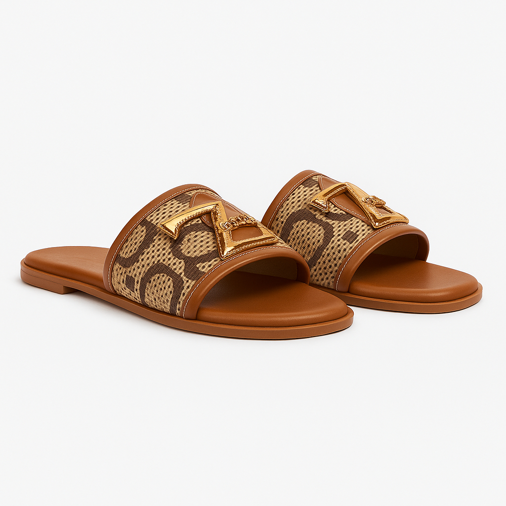 Brown Patterned Slide Sandals with Gold Letter Detail