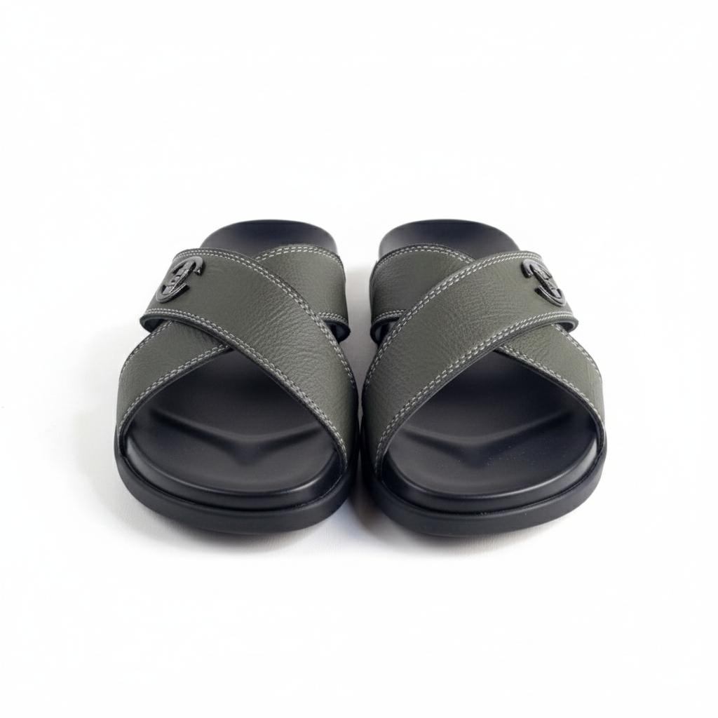 Men Slip On Sandals with Crisscross Straps and Metallic Embellishment
