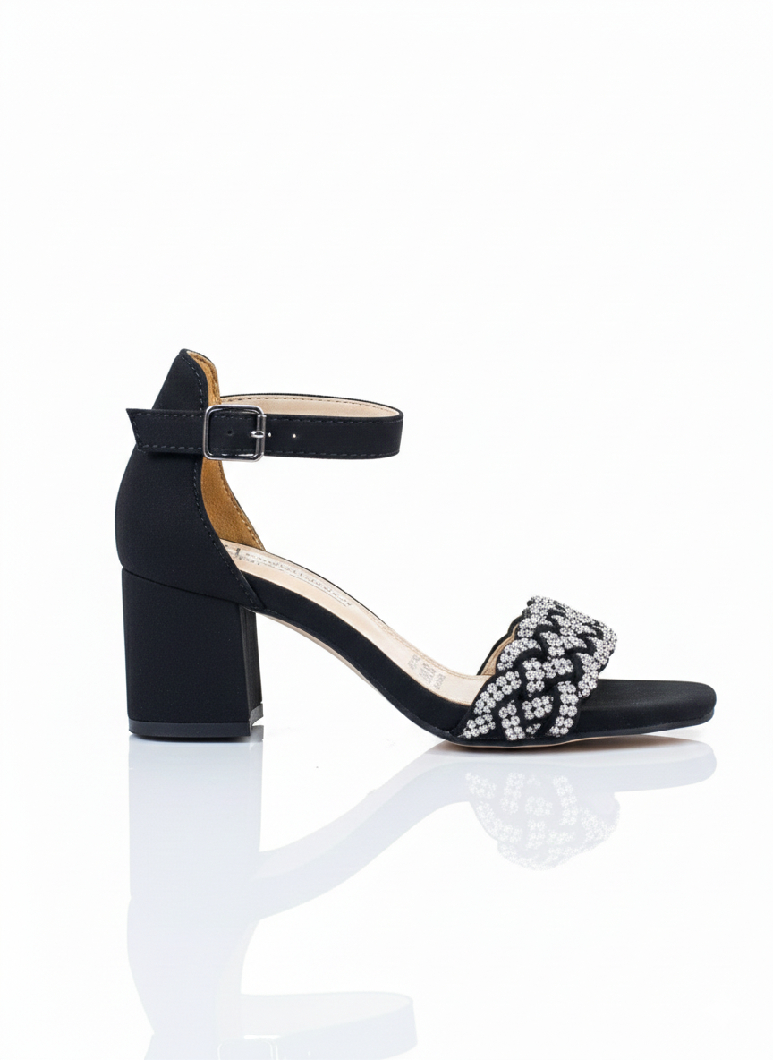 Elegant Womens Open Toe Heeled Sandals with Floral Rhinestone Embellishments