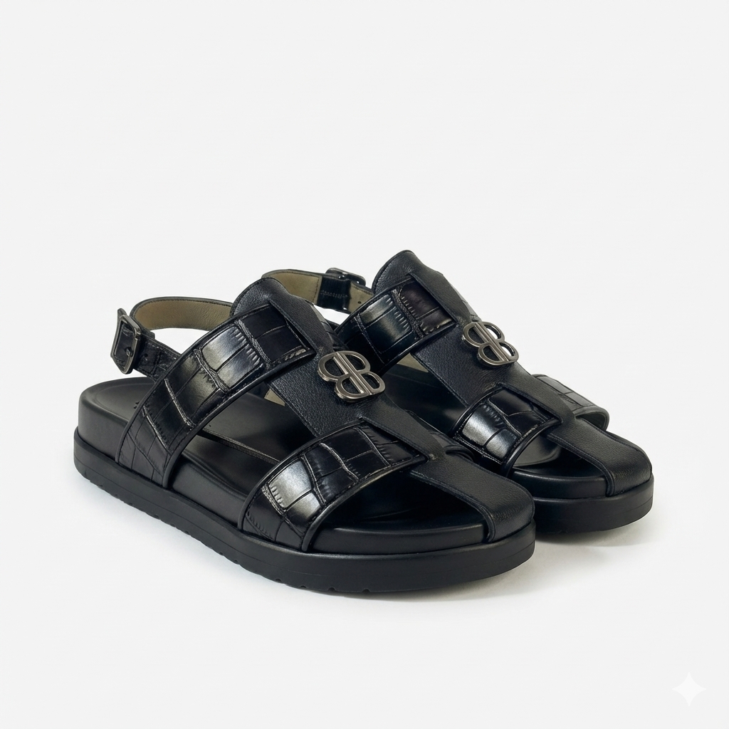 Luxury Black Leather Sandals with Crocodile Pattern with Metallic Logo