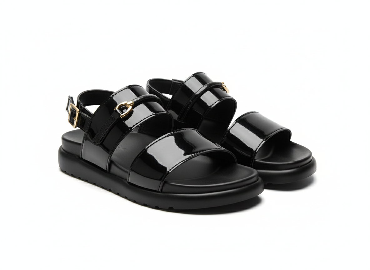 Black Patent Leather Sandals with Gold Buckle