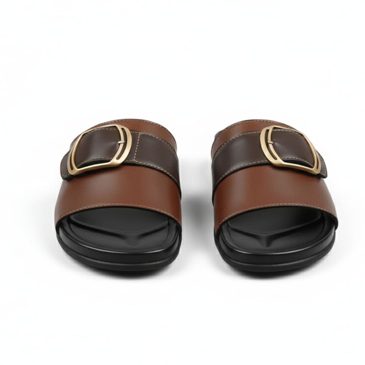 Stylish Dual Tone Leather Slide Sandals with Gold Buckles