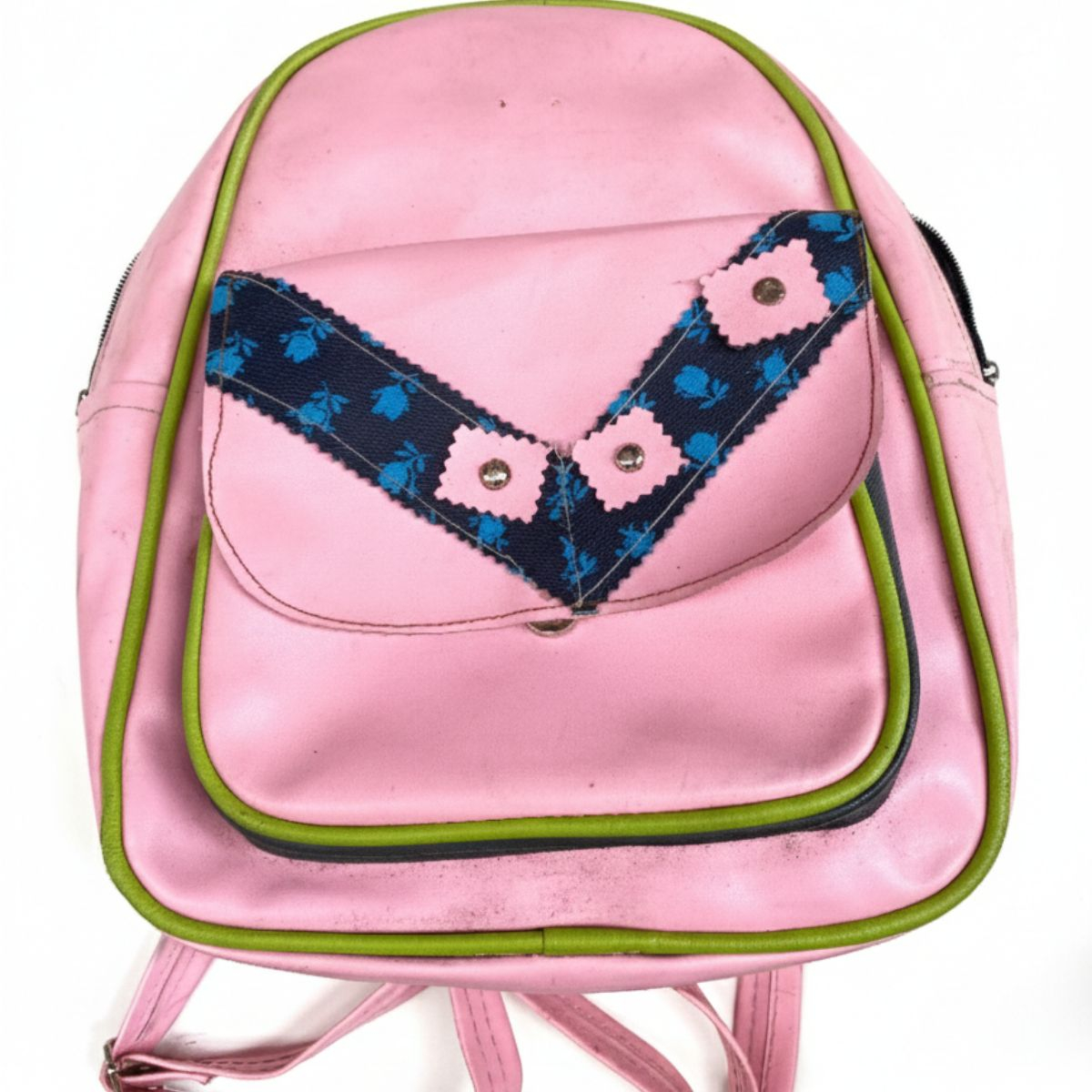Pink & Navy Leaf Patch Backpack with Green Piping