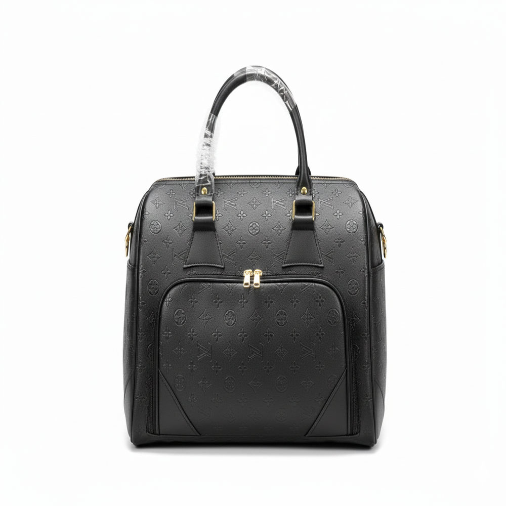 Black Leather Handbag with Bold Monogram