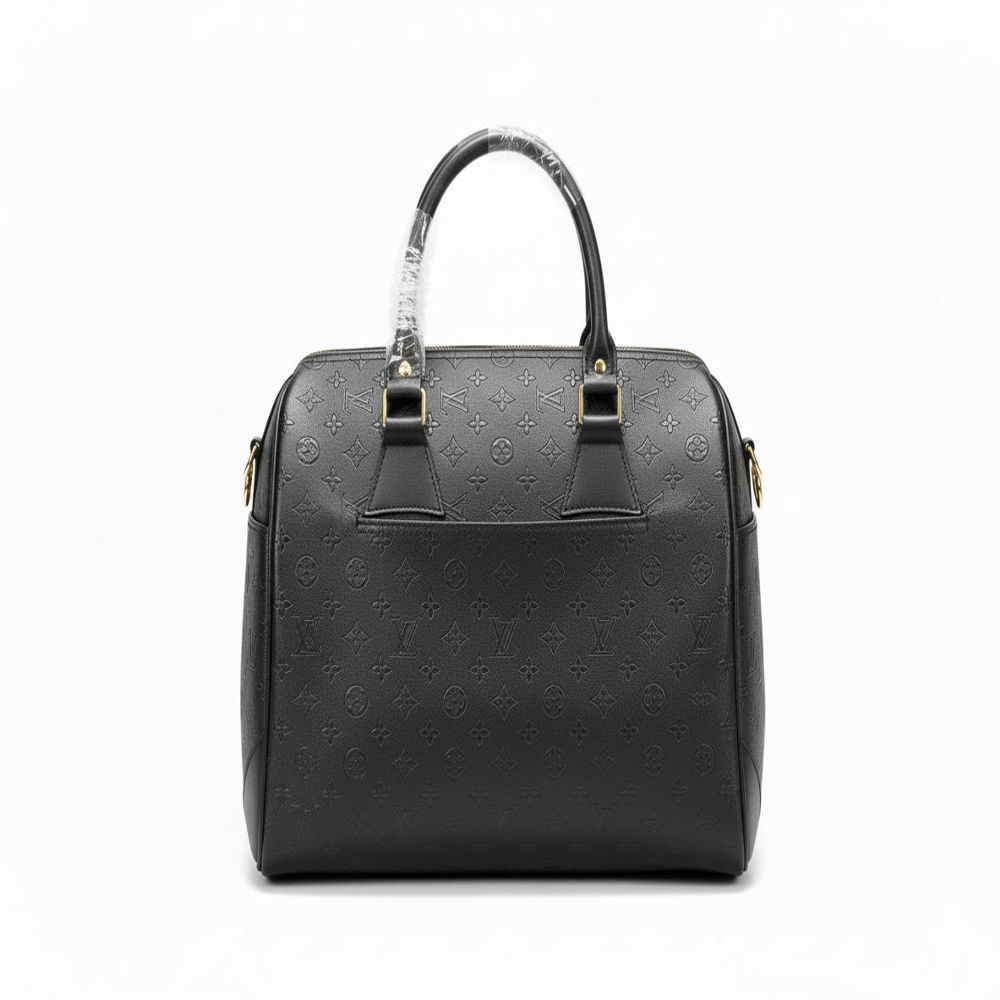 Black Leather Handbag with Bold Monogram