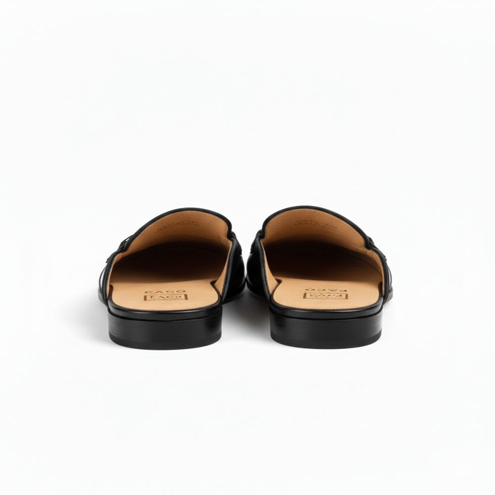 Black Leather Slip On Mule Shoe with Crocodile Pattern and Brogue Design