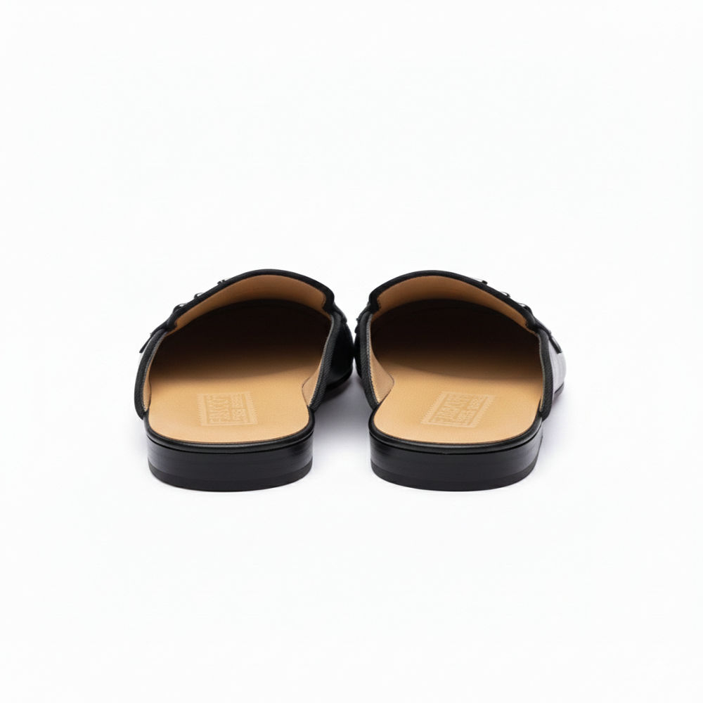 Black Leather Slip On Loafer with Metallic Buckle