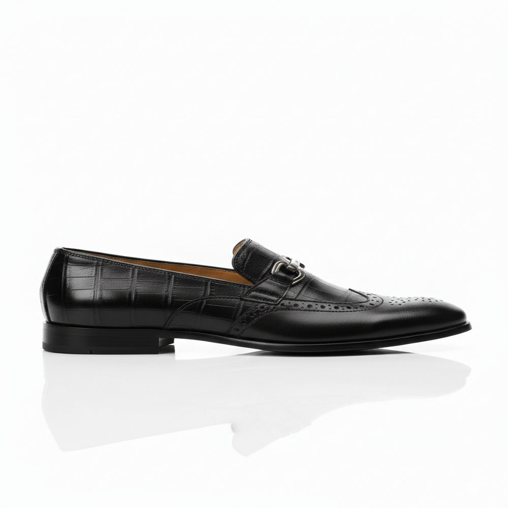 Quality Black Leather Shoe with Crocodile Pattern with Metallic Buckle
