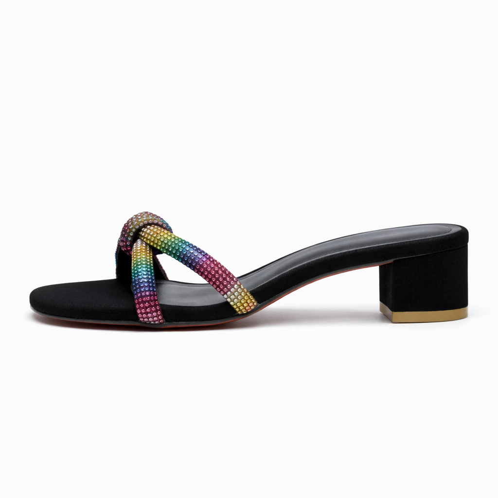 Women Open Toe Sandals with Multicolored Rhinestone Straps