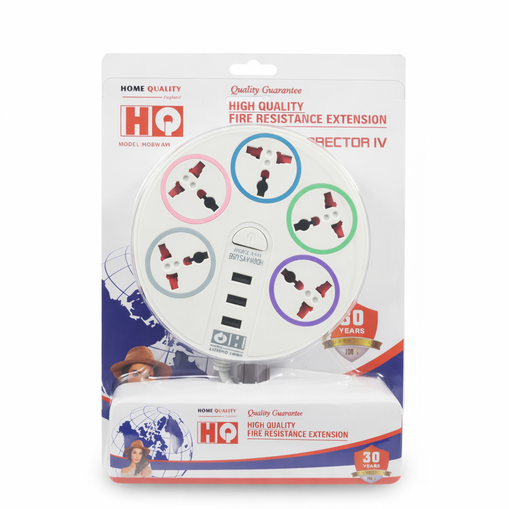 HQ High Quality Fire Resistance Extension Socket with USB Ports  8 Way Round Design