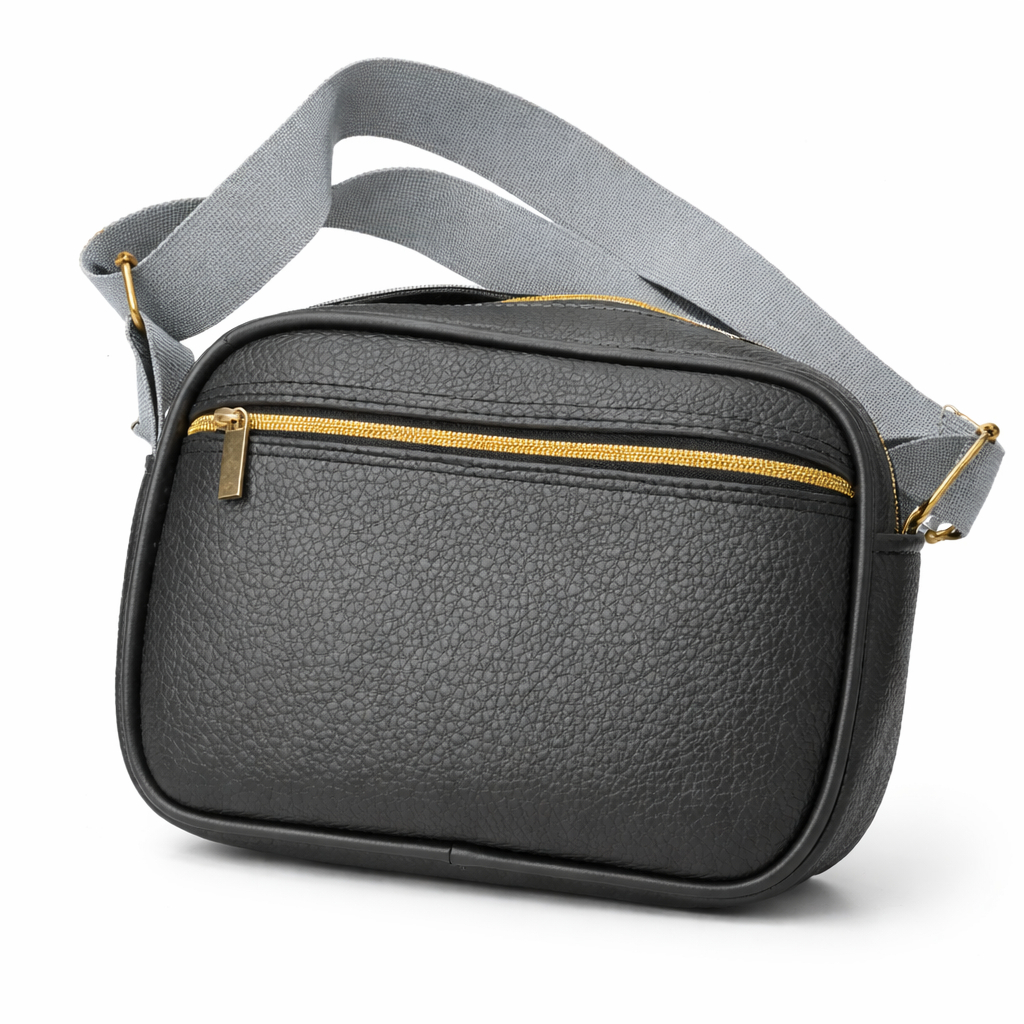 Compact Black Crossbody Shoulder Bag with Gold Accents