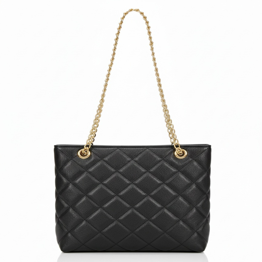 Stylish Black Quilted Handbag with Gold Tone Chain Straps