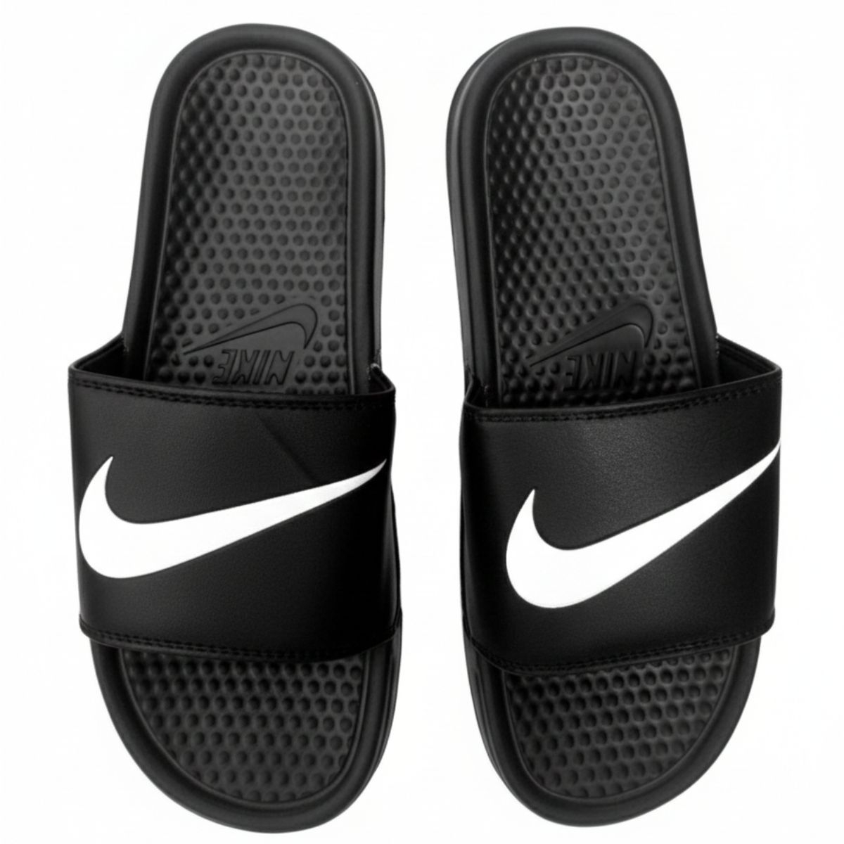 Black with White Slide Sandals with swoosh design