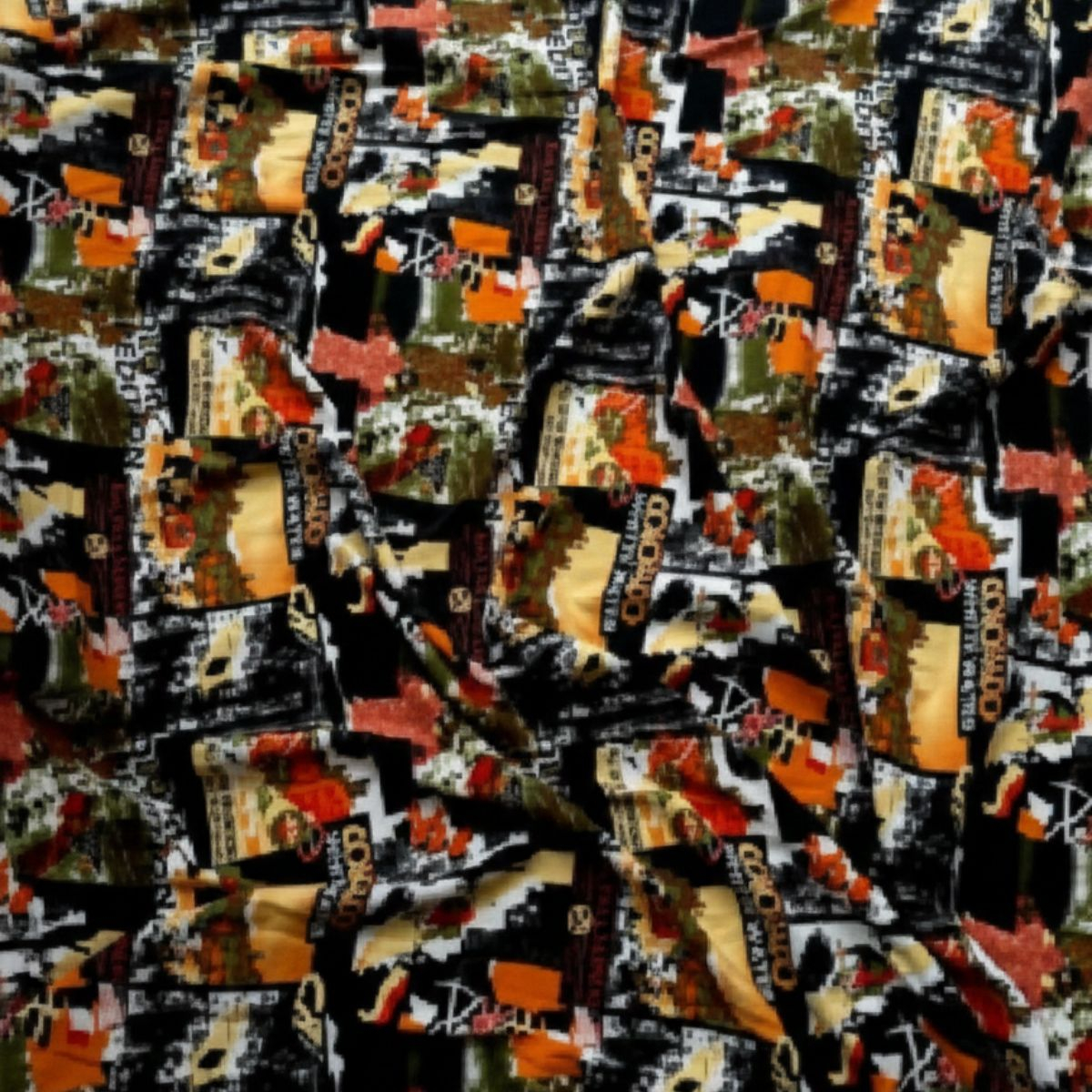 Crepe Vintage Eclectic Collage Print Fabric with Vibrant Design