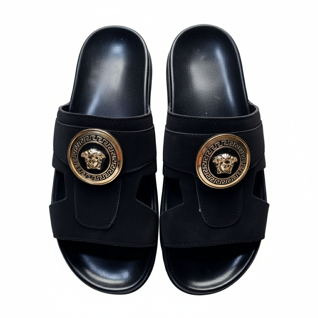 Luxury Black Slide Sandals with Gold Medusa Emblem