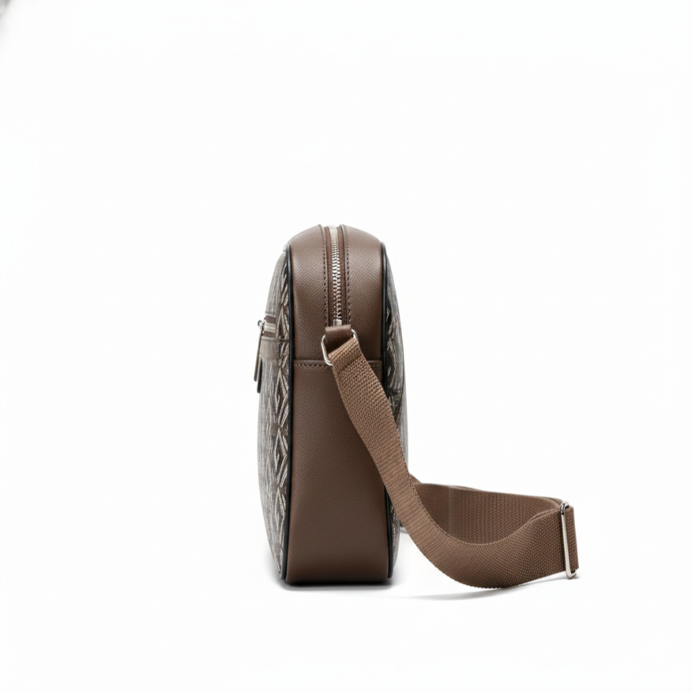 Crossbody Sling Bag in Brown Faux Leather with Geometric Design