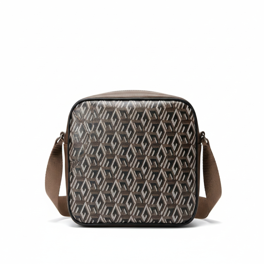 Crossbody Sling Bag in Brown Faux Leather with Geometric Design