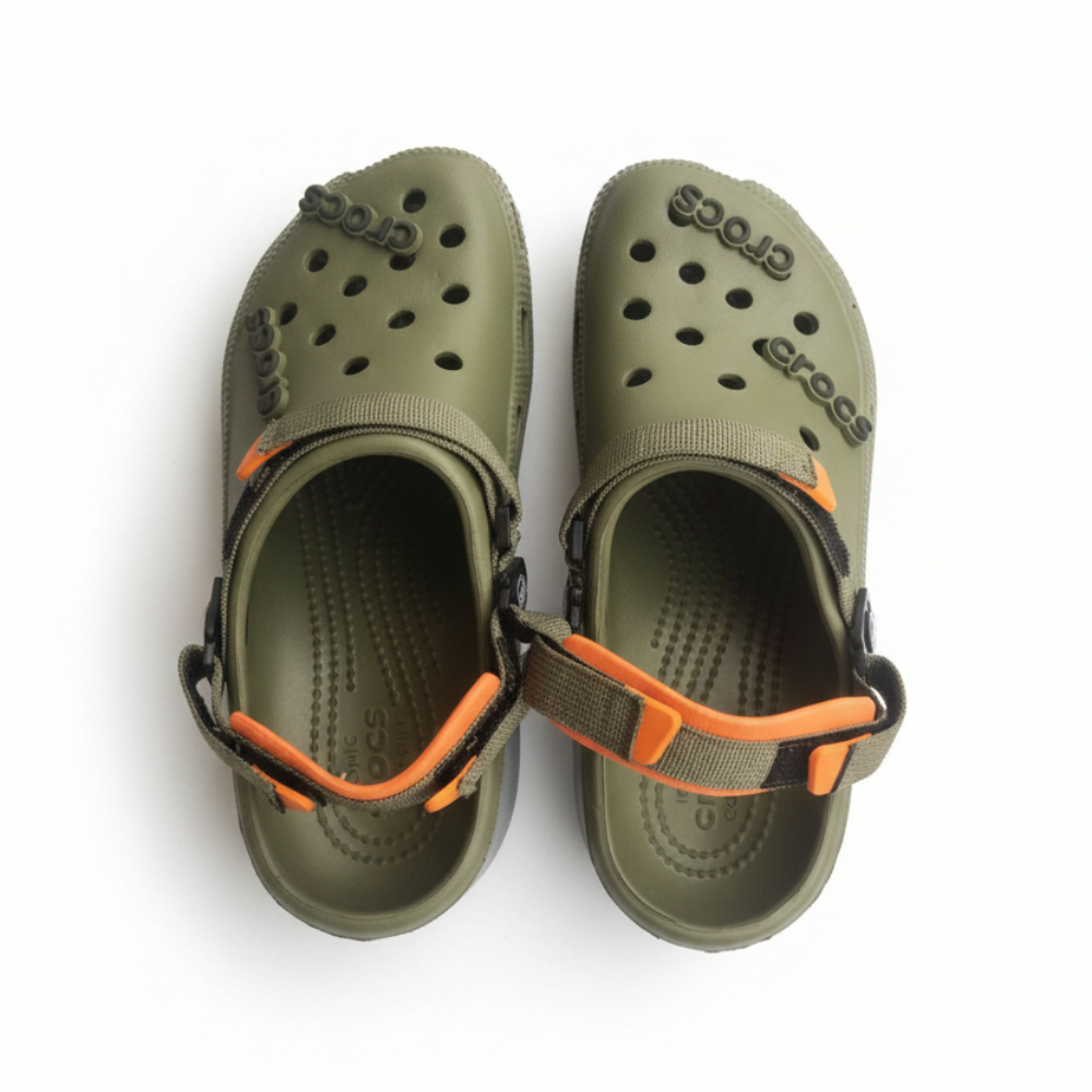 Crocs Olive Green Clogs with Orange Accents