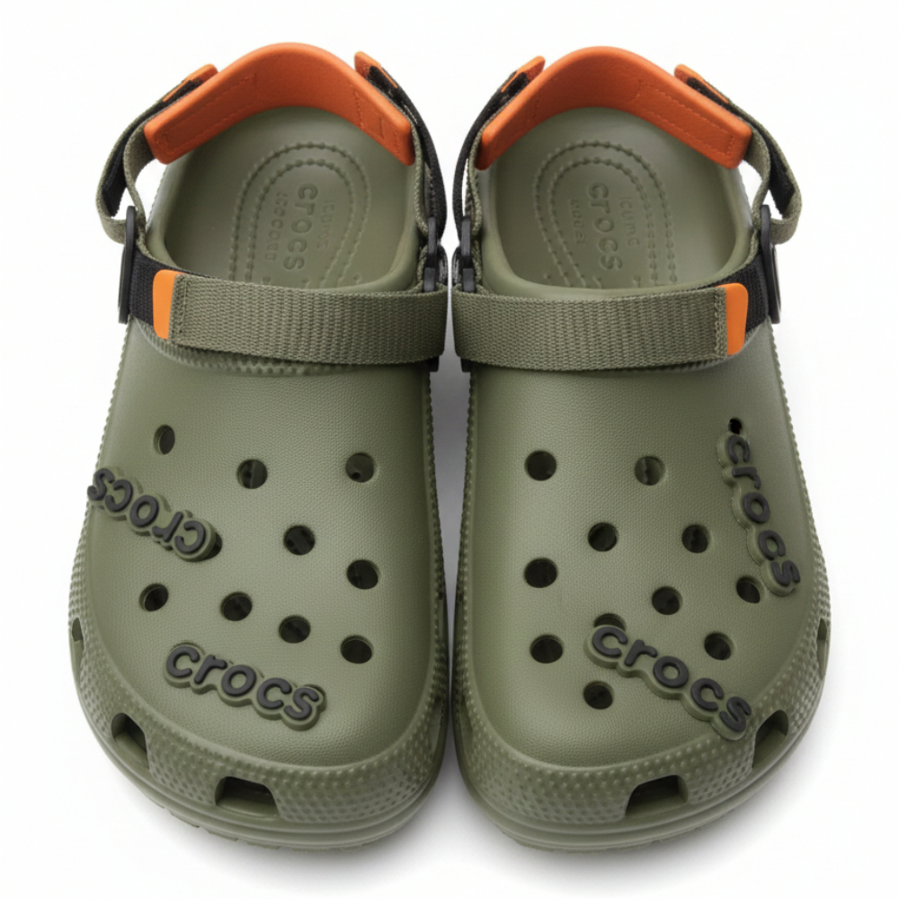 Crocs Olive Green Clogs with Orange Accents
