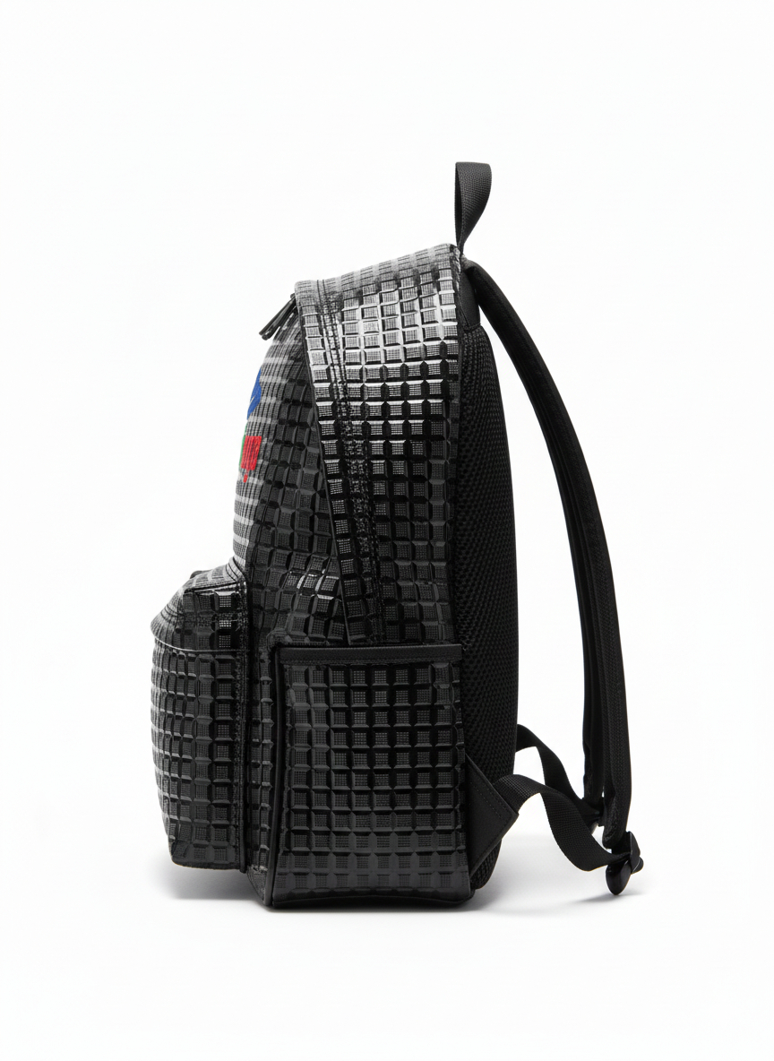 Textured Design Backpack with Multicolored Branding