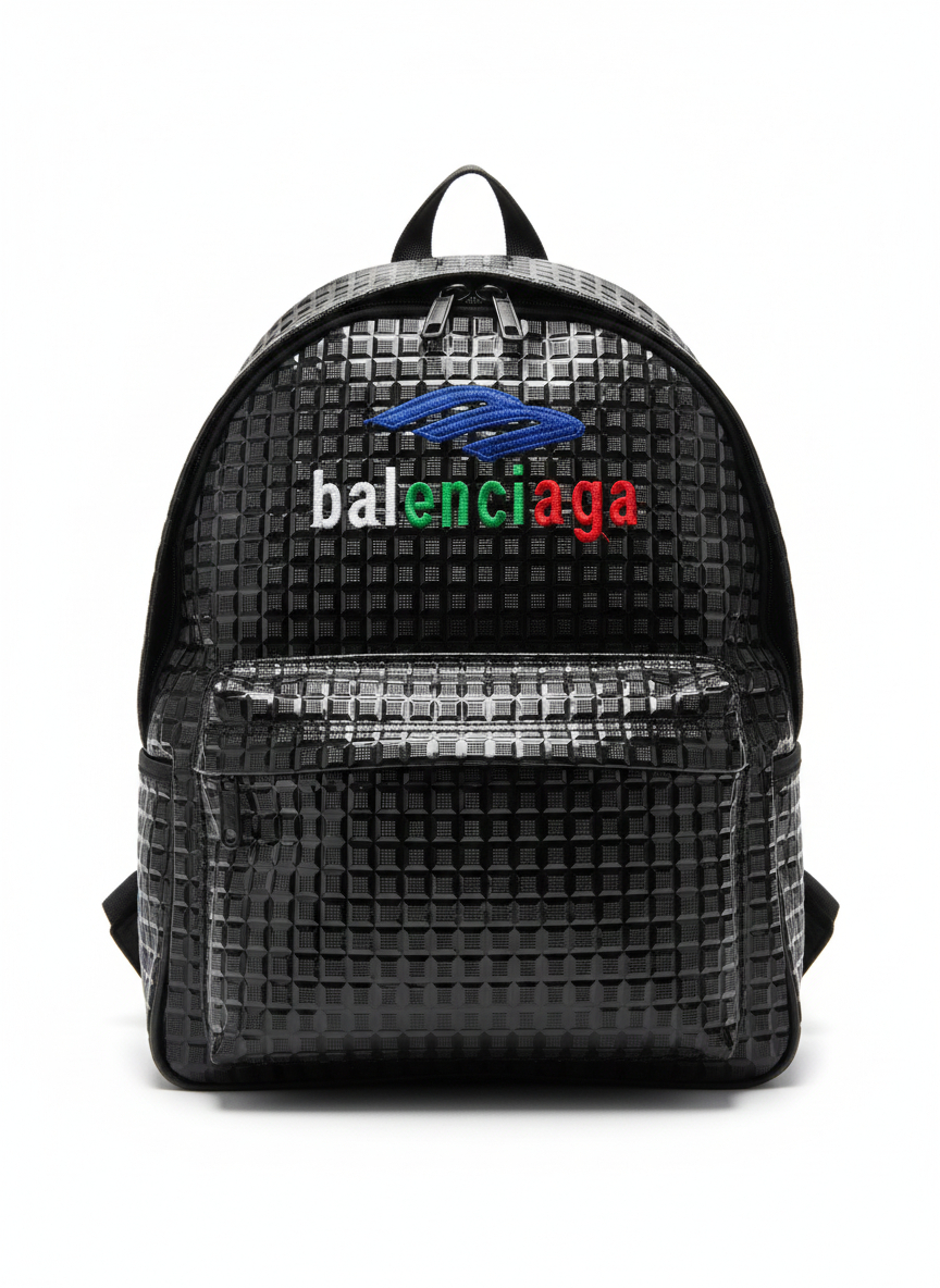 Textured Design Backpack with Multicolored Branding