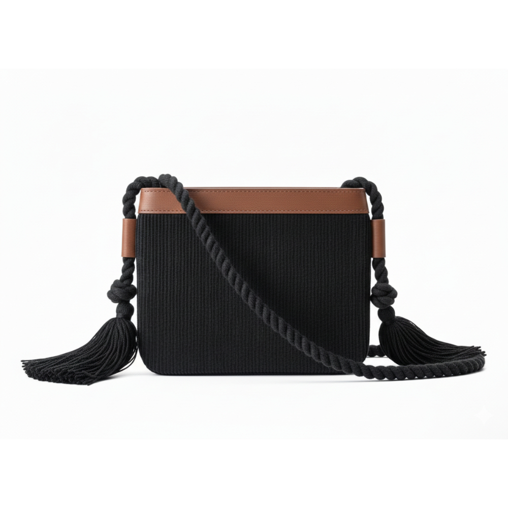 Black Ribbed Fabric Bag with Brown Leather Accents and Rope Strap