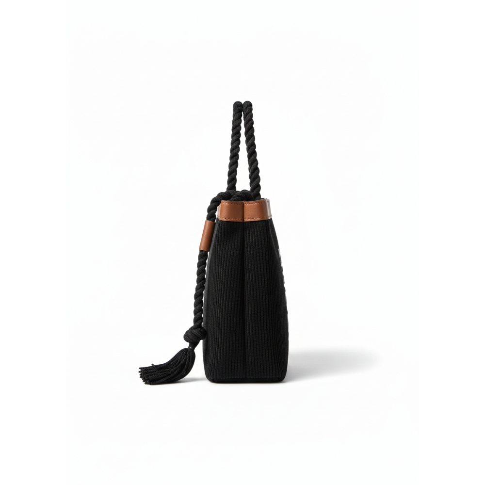 Black Ribbed Fabric Bag with Brown Leather Accents and Rope Strap