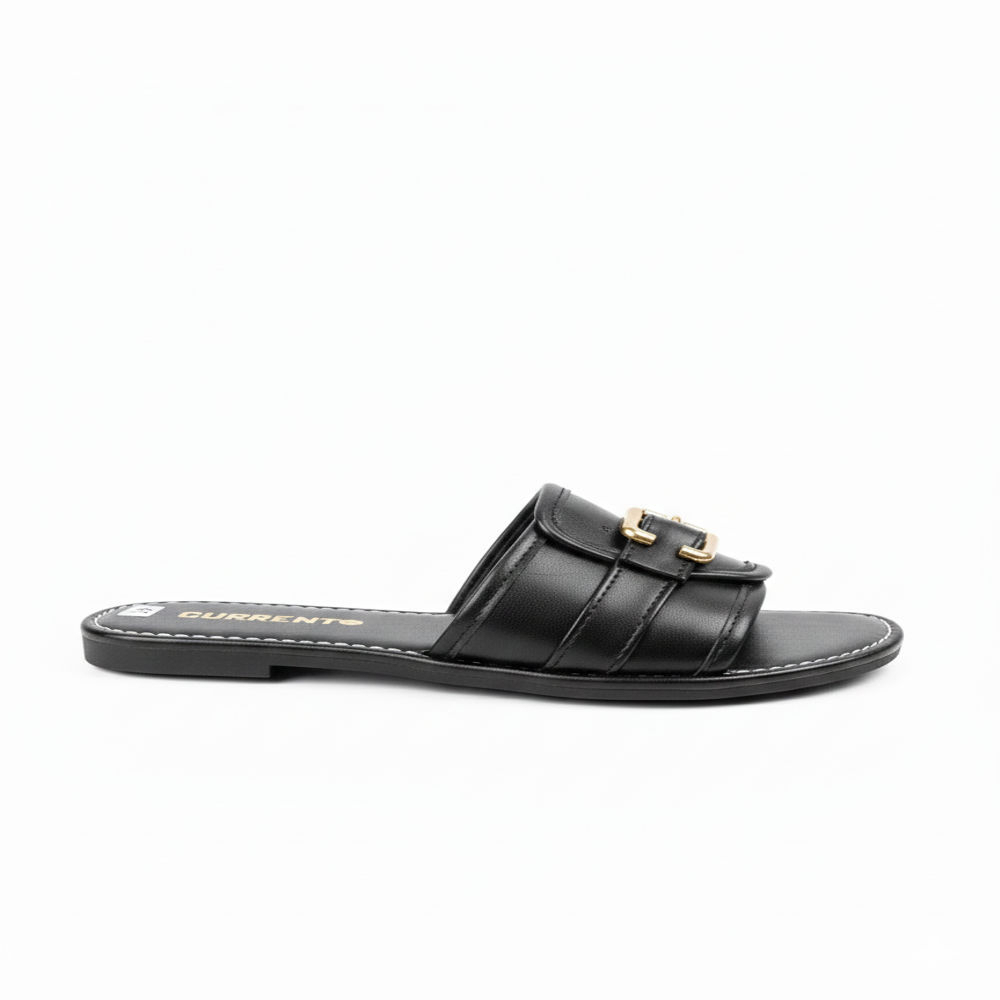 Quality Black Slip On Sandals with Gold Buckle