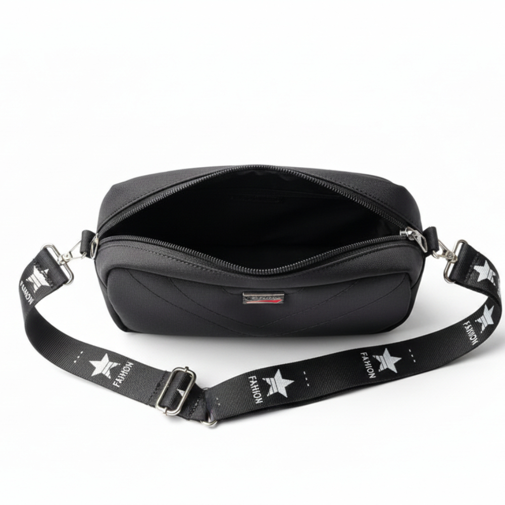 Compact Black Crossbody Bag with Chevron Pattern