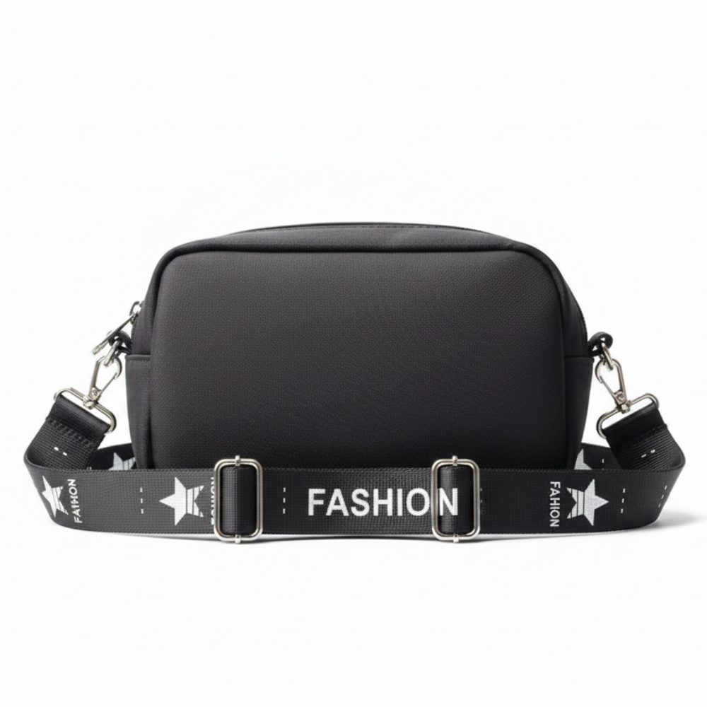 Compact Black Crossbody Bag with Chevron Pattern