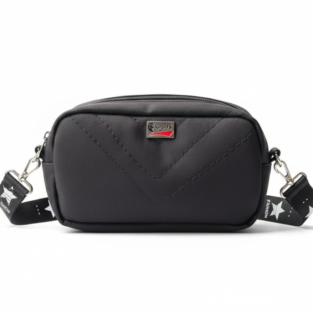 Compact Black Crossbody Bag with Chevron Pattern