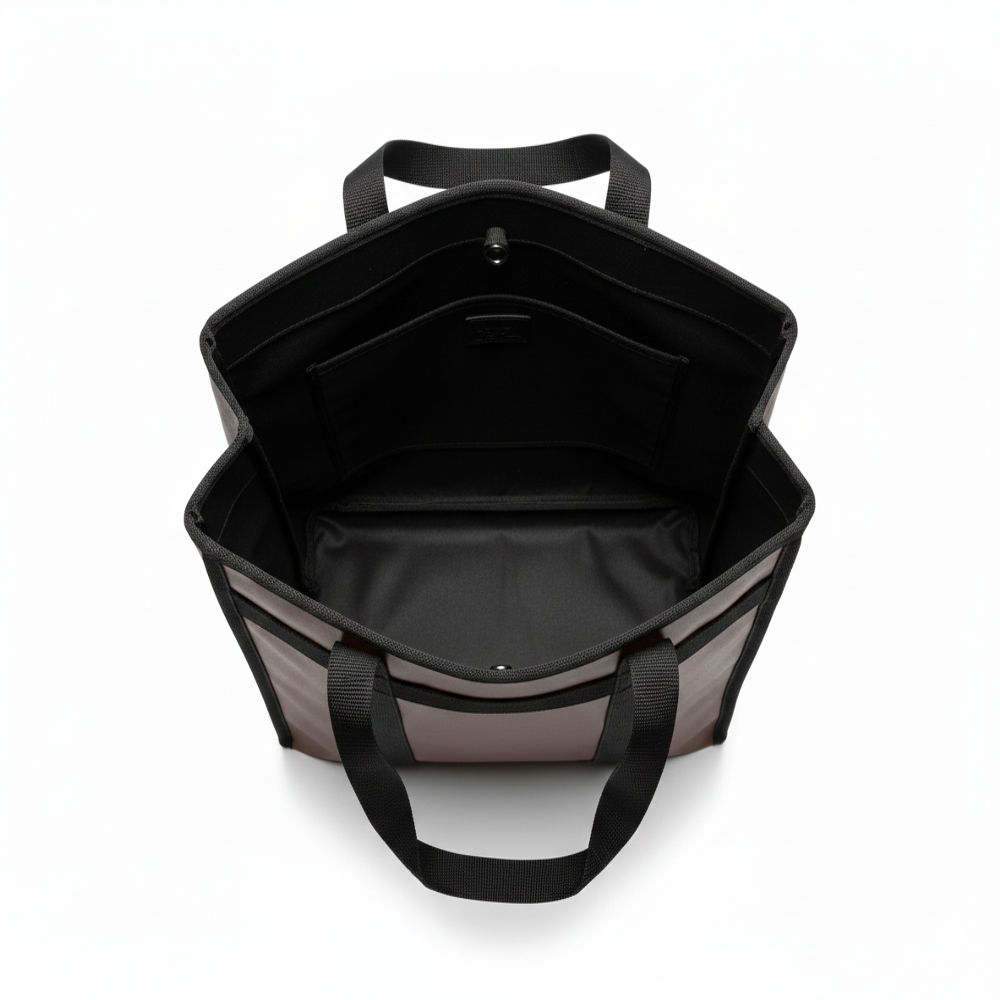 Brown Faux Leather Tote Bag with Black Fabric Handles