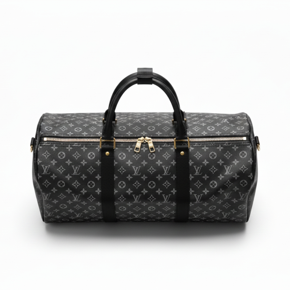Black Duffle Travel Bag with Monogram Pattern