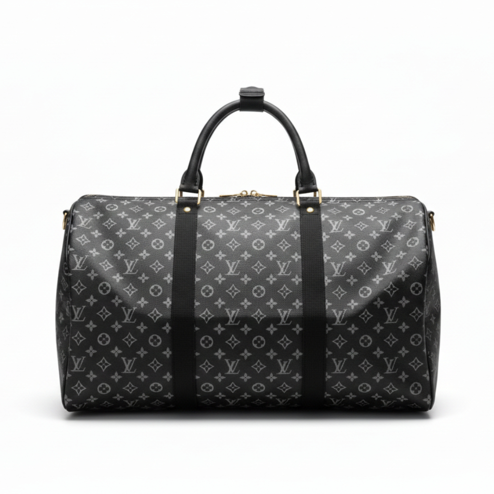 Black Duffle Travel Bag with Monogram Pattern