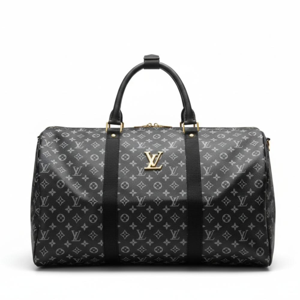 Black Duffle Travel Bag with Monogram Pattern