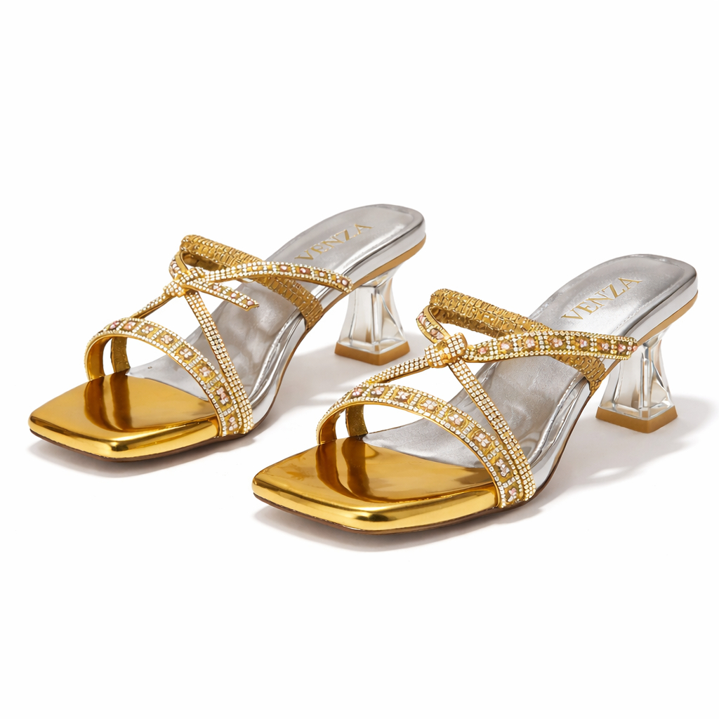 Elegant Women Heeled Sandals with Metallic Silver Finish