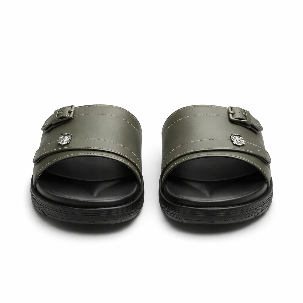 Green Stylish Slip On Sandals with Lion Emblem