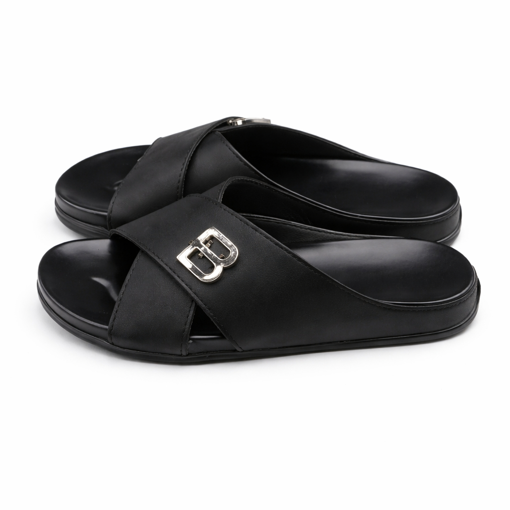 Black Slip On Sandals with Crisscross Straps and Metallic Embellishment