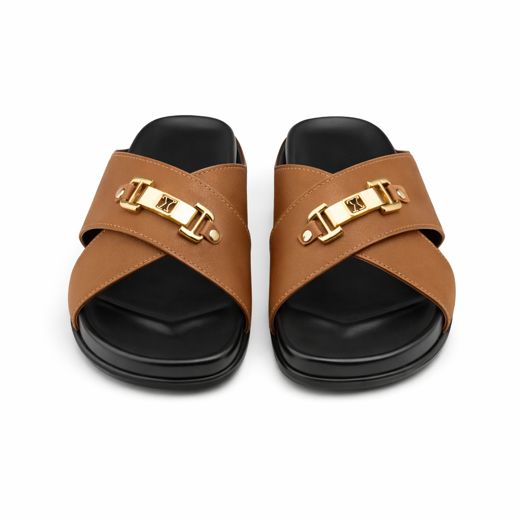 Light Brown Men Slip On Sandals with Crisscross Straps and Metallic Accents