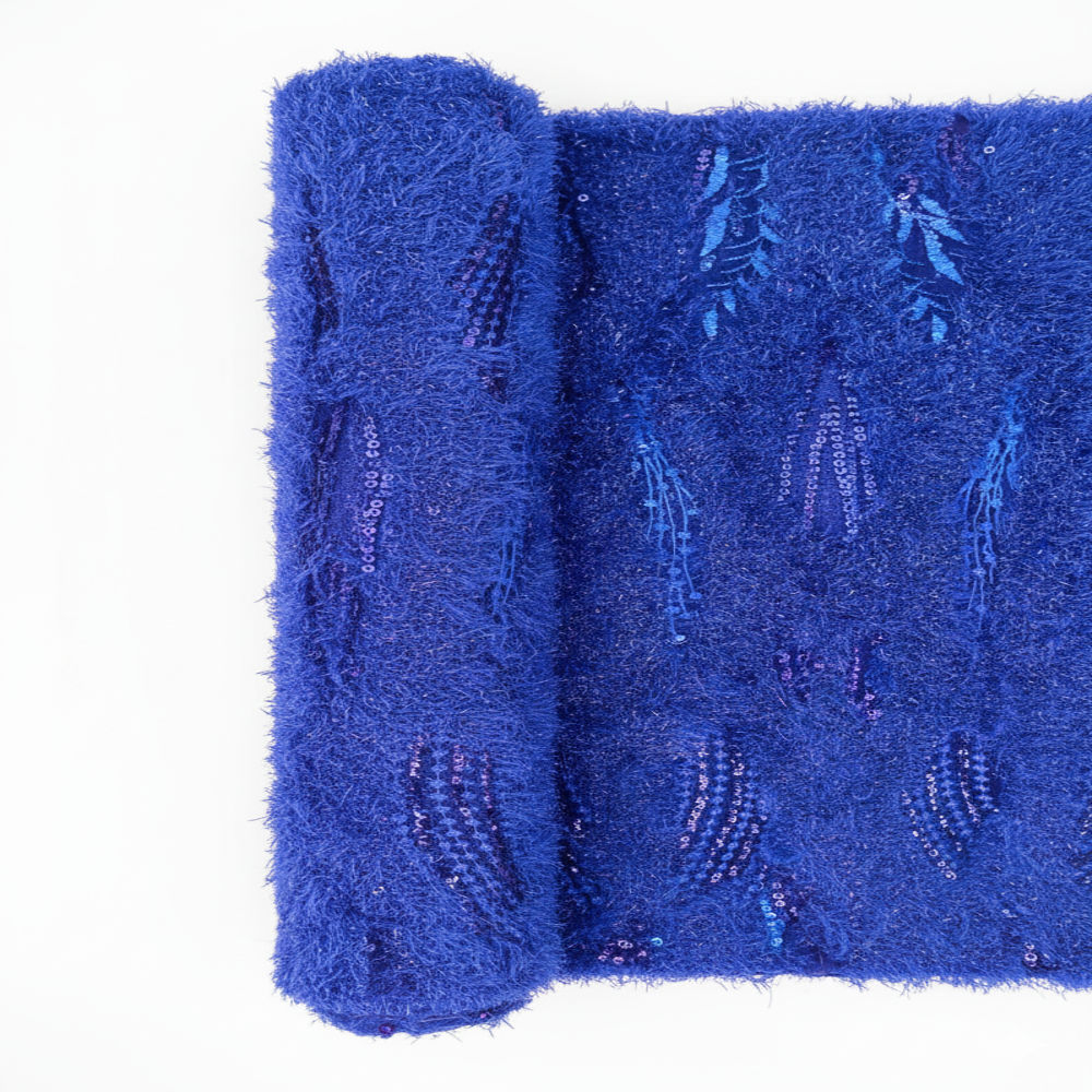 Premium Royal Blue Sequin Feather Lace Fabric