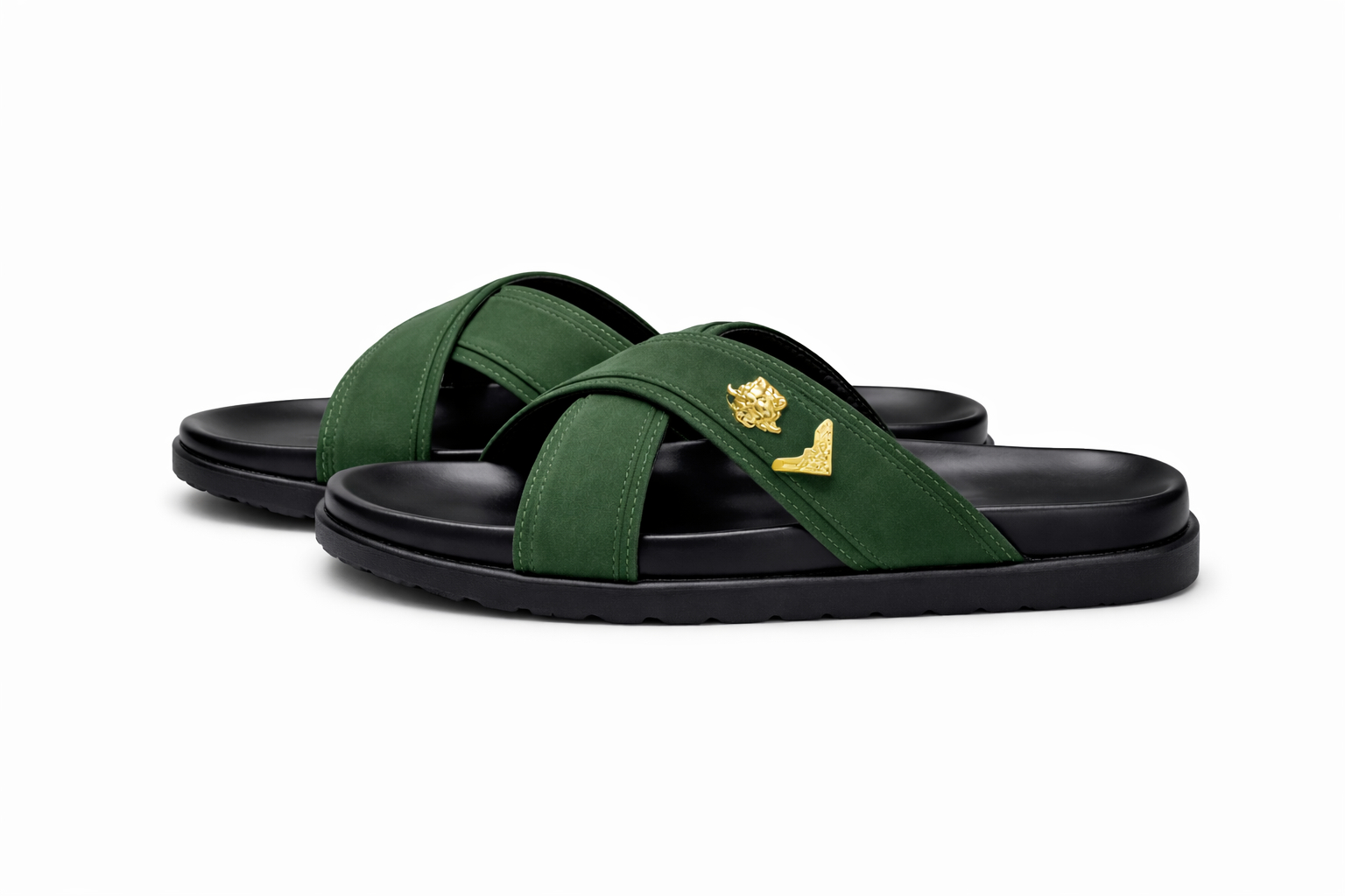 Stylish Green Slip On Sandals with Crisscross Straps and Gold Lion Embellishment