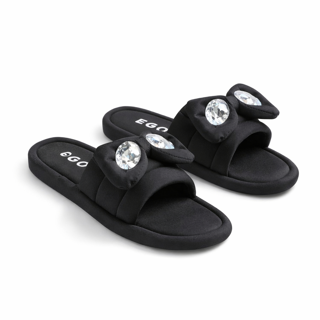 Premium Black Slip On Sandal with Decorative Bow and Crystal Embellishments