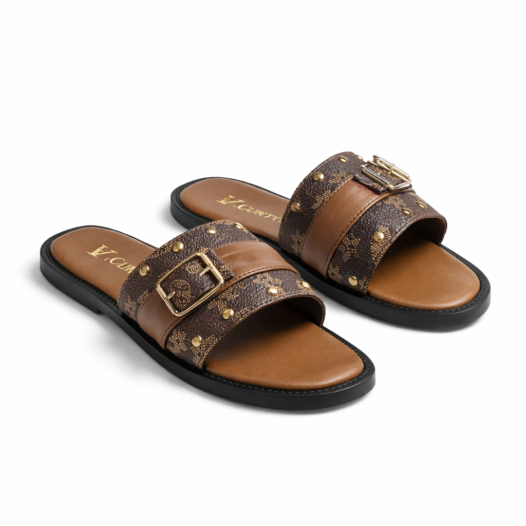 Stylish Open Toe Slip On Sandals with Monogram Design
