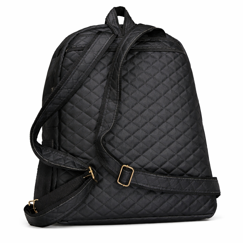 Stylish Black Quilted Backpack with Gold Tone Zippers