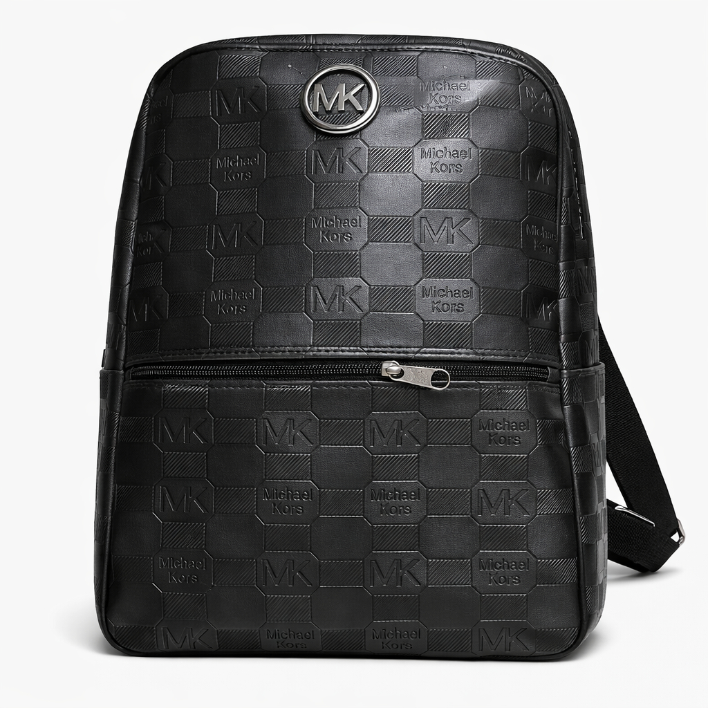 Quality Black Leather Backpack with Embossed Logo Pattern