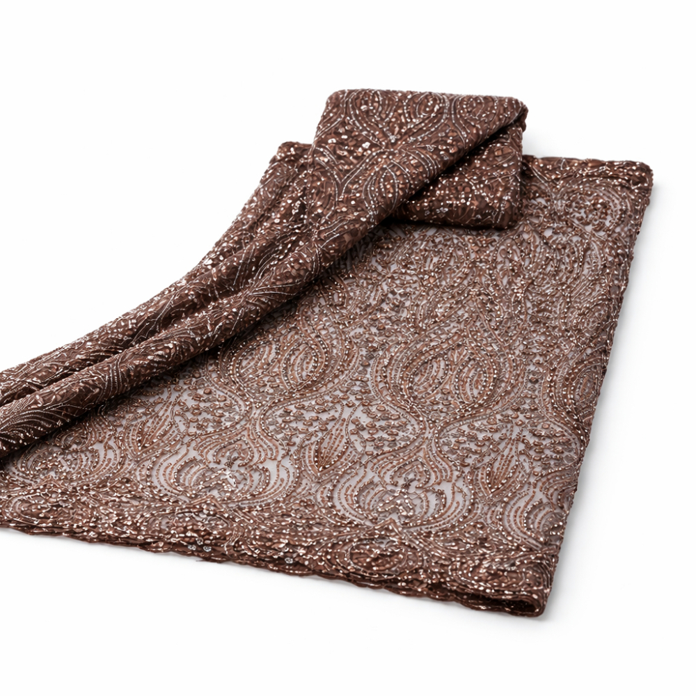Brown Sequin Embroidered Lace Fabric